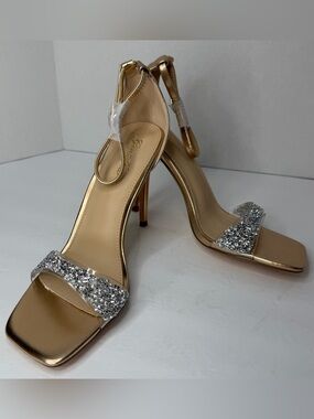 GenShuo Champagne Glitter Stiletto Heels Ankle Strap Size 9